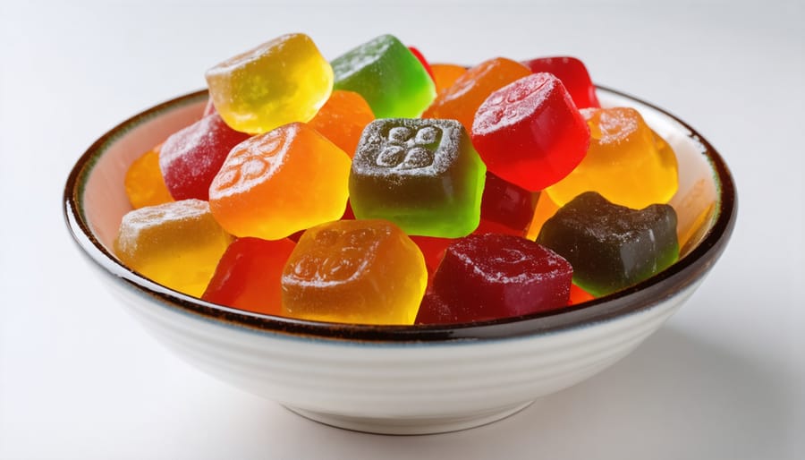 Assorted CBD gummies in a bowl, showcasing different shapes and colors