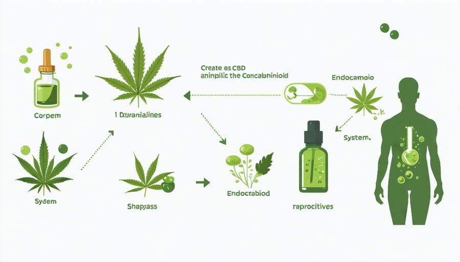 Diagram of CBD interaction with the endocannabinoid system, showing potential pathways and effects