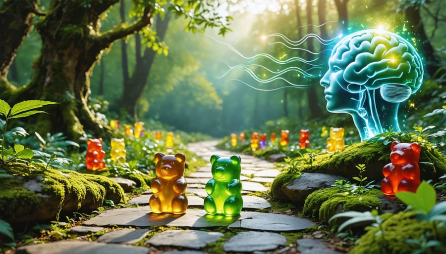 A peaceful landscape adorned with colorful CBD gummies leading towards an abstract symbol of mental clarity, depicting the calming potential of CBD for mental health.