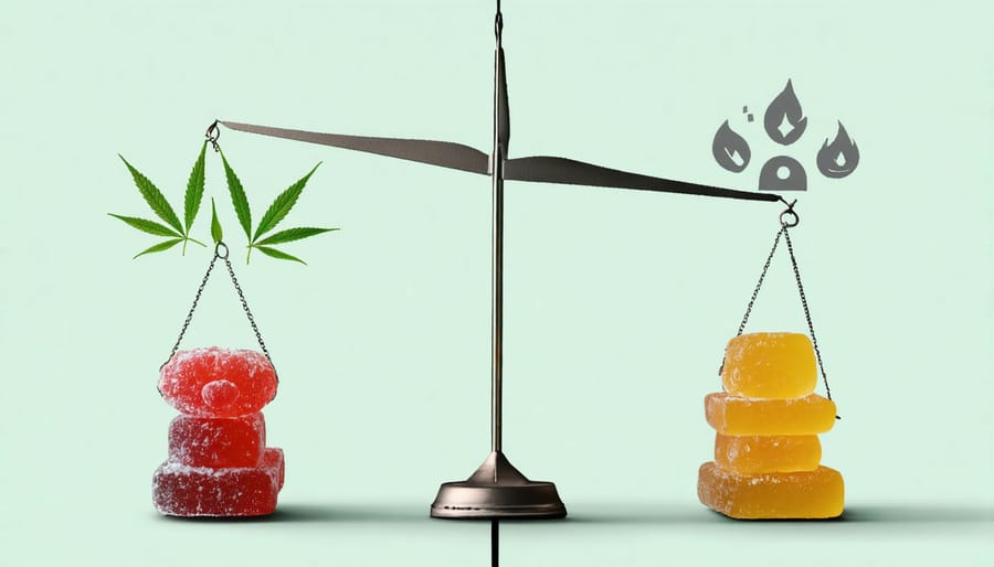 A conceptual balancing scale showing CBD gummies versus symbols representing mental health and wellbeing