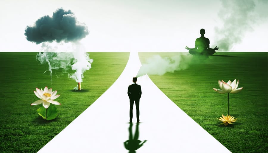 A conceptual illustration of a person at a crossroads, symbolizing the choice between vaping as a harm reduction tool and holistic recovery methods, with vaping clouds on one path and therapy symbols on the other.