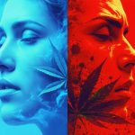 Split-screen illustration showing a relaxed expression on one side and an anxious expression on the other, symbolizing the contrasting mental effects of cannabis.